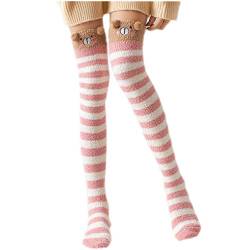 ANGUYA Kawaii Socken Winter Warm Coral Fleece Lange Oberschenkel hohe Socken Damen Tier Modelling Strümpfe Striped Nette Kniestrümpfe medias für Mädchen Frauen (Rosa Bär (1 Paar)) von ANGUYA