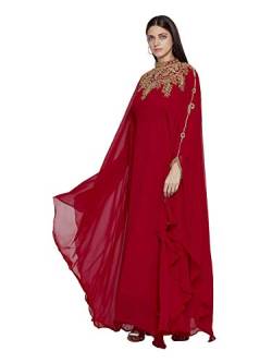 ANIIQ Georgette Abendkleid mit besticktem Farasha Kaftan, lang, mit Hijab SNM804, Ganz bedeckt, dunkelrot, Einheitsgröße von ANIIQ