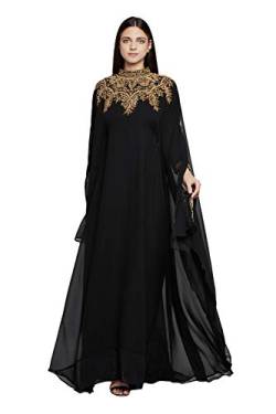 ANIIQ Georgette Abendkleid mit besticktem Farasha Kaftan, lang, mit Hijab SNM804, Ganz bedeckt, schwarz, Einheitsgröße von ANIIQ