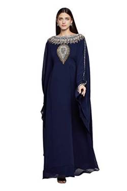 ANIIQ Marine-Blau-Georgette Hand genähtes gestickte Farasha Kaftan Lange Abend-Abend-Kleid mit freiem Hijab SNM810NB von ANIIQ