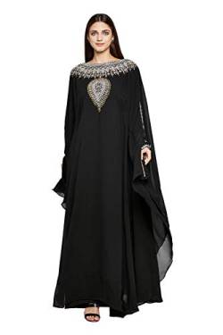 ANIIQ Schwarz Georgette Hand genähtes gestickte Farasha Kaftan Lange Abend-Abend-Kleid mit freiem Hijab SNM810BL von ANIIQ