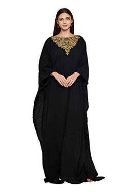 Damen Farasha Besticktes Kaftan Langes Kleid Faux Georgette Ethno, Abend, Party, Braut, Kleid mit Gratis Schal, Schwarz,S von ANIIQ