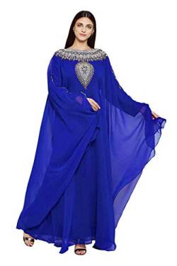 Damen Farasha Besticktes Kaftan Langes Kleid Faux Georgette Ethno, Braut, Abend, Party, Kleid mit Gratis Schal - Königsblau,S von ANIIQ