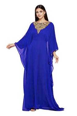 Damen Farasha Besticktes Kaftan Langes Kleid Faux Georgette Ethno, Party, Abend, Braut, Kleid mit Gratis Schal - Königsblau,L von ANIIQ