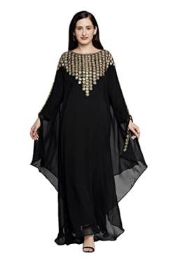 Damen Farasha Besticktes Kaftan Langes Kleid Faux Georgette Ethno, Party, Abend, Braut, Kleid mit Gratis Schal - Schwarz von ANIIQ