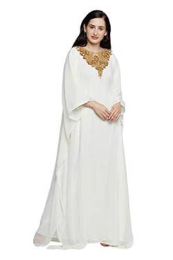 Damen Farasha Besticktes langes Kaftan-Kleid, Faux Georgette, ethnisch, Party, Abend, Braut, Kleid mit kostenlosem Schal – gebrochenes Weiß,L von ANIIQ