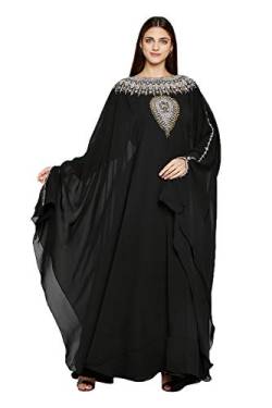 Damen Farasha Besticktes langes Kaftan-Kleid aus Kunst-Georgette, Ethnisch, Braut, Abend, Party, Kleid mit kostenlosem Schal - Schwarz,S von ANIIQ