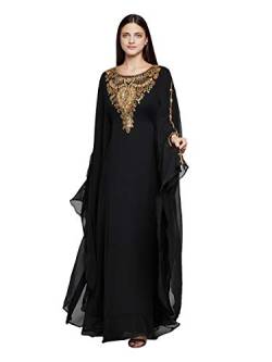 Damen Farasha Besticktes langes Kaftan-Kleid aus Kunst-Georgette, Ethnisch, Braut, Abend, Party, Kleid mit kostenlosem Schal - Schwarz von ANIIQ