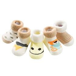 ANIMQUE 5 Paar Babysocken Winter Dicke Warm Baumwolle Socken 0-12 Monate Neugeborene Kleinkind Söckchen Jungen Mädchen Wintersocken Cartoon Bär, XS von ANIMQUE