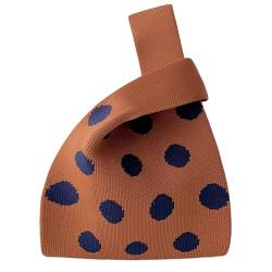 ANIMQUE Frauen Häkeln Tragetasche Gestrickt Ärmel Knoten Tasche Geschenk Tasche Kleine Niedliche Tragbare Geldbörse Tote mit Polka-Dot-Muster, Braun Navy von ANIMQUE