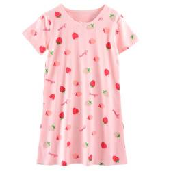 ANIMQUE Mädchen Nachthemd Sommer Kurzarm Kleid Pyjama Baby Kinder Süss Erdbeere Drucken Zuhause Nachtwäsche 1–10 Jahre, Rosa Erdbeere 150 von ANIMQUE