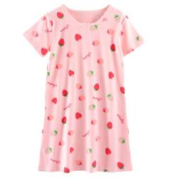 ANIMQUE Mädchen Nachthemd Sommer Kurzarm Kleid Pyjama Baby Kinder Süss Erdbeere Drucken Zuhause Nachtwäsche 1–10 Jahre, Rosa Erdbeere 160 von ANIMQUE