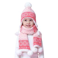 ANIMQUE Mädchen Stricke Mütze Schal Fleece Gefüttert 2er Pack Set Winter Kinder Baby 3-4 Jahre Thermal Pom Pom Beanie Hut Halstuch Bohemien Rosa, XL von ANIMQUE