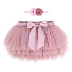 Baby Kleinkind Mädchen Tutu Rock Prinzessin Rock Mini Tiered Super Soft Tüllrock 0-6 Monate Elastische Taille Ballett Tanzrock mit Windelüberzug + Stirnband, Staubige Rose S von ANIMQUE