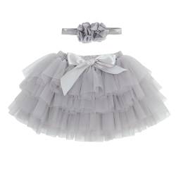 Baby Kleinkind Mädchen Tutu Rock Prinzessin Rock Mini Tiered Super Soft Tüllrock 6-12 Monate Elastische Taille Ballett Tanzrock mit Windelüberzug + Stirnband, Grau M von ANIMQUE