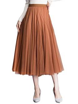 Damen Tüllrock Midi Faltenrock 78cm Länge Hoher Bund Schick Rock Elastisch Taille Drapiert Stoff, Dunkelorange von ANIMQUE