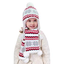 Mädchen Winter Mütze Schal 2stk Set Fleece Gefüttert 4-8 Jahre Kinder Baby Süß und Lieblich Pom Pom Thermal Wintermütze mit Ohrenklappen Stricke Halstuch Schneeflocke Weiß, Kopfumfang 52-54cm Gr.XXL von ANIMQUE