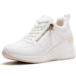 ANJOUFEMME Sneaker mit Keilabsatz Schuhe Damen Weiss - Turnschuhe mit Absatz Damen, Plateau Sneaker Damen, Plateau Sportschuhe Damen, Wedges Sneaker Damen Keilabsatz Wanderschuhe Traillaufschuhe von ANJOUFEMME