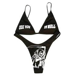 ANKOMINA Damen Gothic Totenkopf Buchstabe bedruckt zweiteiliger Badeanzug High Cut Triangle Bikini Set für Rave Party Festival Halloween, Schwarz (B), S von ANKOMINA