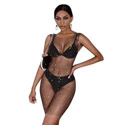 ANKOMINA Damen Sexy Strass durchsichtiges Netzkleid Bikini Badeanzug Cover Up Rave Festival Club Midi Kleid, schwarz, Einheitsgröße von ANKOMINA