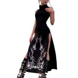 Damen Gothic Bedruckt Rollkragen Langes Kleid Bodycon Ärmellos Seitenschlitz Dunkel Schwarz Kleider für Halloween Festival, schwarz, Groß von ANKOMINA