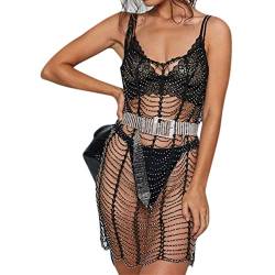 Damen Sexy Strass durchsichtiges Netzkleid Bikini Badeanzug Cover Up Rave Festival Club Midi Kleid, schwarz 2, Einheitsgröße von ANKOMINA