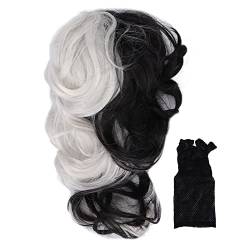 Schwarze und weiße Perücken für Frauen, gewellte lockige Perücke, modische Cosplay-schwarze und weiße synthetische Perücke für Halloween-Kostümpartys von ANKROYU