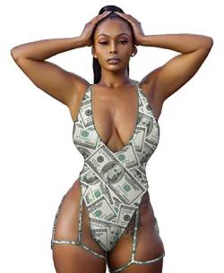 Damen-Badeanzug, einteilig, mit Gelddollar bedruckt, hoch geschnitten, mit Beinstrumpfband, Bademode, Rave, Grün , XX-Large von ANLJED