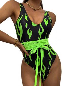 Damen Einteiler Flammenprint hoch geschnitten Bodysuit Badeanzug Bikini Bademode Badeanzug Rave-Kostüm Musik Festivals Tanz - Grün - Small von ANLJED