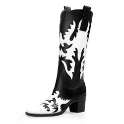 ANN CREEK Damen 'Claremont' Sexy Cowboy-Stiefel Kniehoch Schwarz Weiß Patchwork Dressy Cowgirl Mid Calf Stiefel, Weiß/Schwarz, 42 EU von ANN CREEK