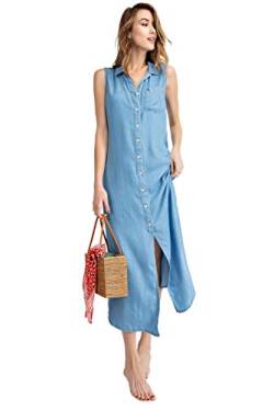 ANNA-KACI Damen Ärmellos Taschen Blau Jeans Denim Knopf Collar Stehkragen Lang Shirt Kleid Blusenkleid von ANNA-KACI