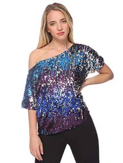 ANNA-KACI Damen EIN Schulter Kurzarm Blingeling Glitzer Pailletten Lose Bluse Batwing T-Shirts Vintage Tops Oberteile, Mitternacht, M von ANNA-KACI