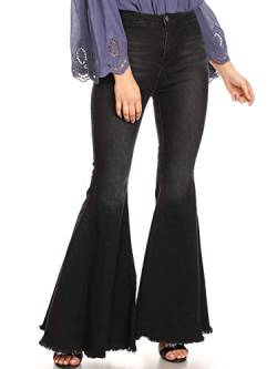 ANNA-KACI Damen Hoch Taile Glockenhose Einfarbig Denim Schlaghose Jeans, Schwarz, X-Large von ANNA-KACI
