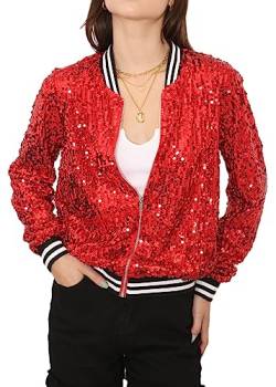 ANNA-KACI Damen Pailletten Rib Rop Langarm Reißverschluss Bomberjacke Jacke, Rot, Medium von ANNA-KACI