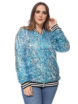 ANNA-KACI Damen Plus Size Glitzernde Langarm Reißverschluss Pailletten Bomber Jacke,Blau,3X-Large von ANNA-KACI