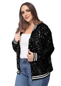 ANNA-KACI Damen Plus Size Glitzernde Langarm Reißverschluss Pailletten Bomber Jacke,Echt Schwarz,2X-Large von ANNA-KACI