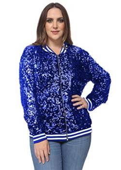 ANNA-KACI Damen Plus Size Glitzernde Langarm Reißverschluss Pailletten Bomber Jacke,Knallblau,Large von ANNA-KACI