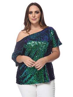 ANNA-KACI Damen Plus Size Pailletten Top Hemden Kurzarm Party Glitzer Top,Wassernixe,4X-Large von ANNA-KACI