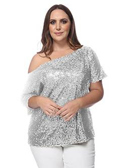 ANNA-KACI Damen Plus Size Pailletten sexy eine Schulter Kurzarm Top,Silber,3X-Large von ANNA-KACI