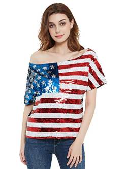 ANNA-KACI DamenSchulterfrei Tunika Sexy Shirt Kurzarm Pailletten Lose Bluse Top, US Flag, X-Large von ANNA-KACI