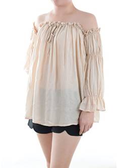 Anna-Kaci Damen Weiß Boho Chiffon Langarm Schulterfrei Faltenwurf Semi Sheer einfach Shirt Top, Größe L, Farbe Beige von ANNA-KACI