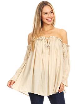 Anna-Kaci Damen Weiß Boho Chiffon Langarm Schulterfrei Faltenwurf Semi Sheer einfach Shirt Top, Größe XL, Farbe Beige von ANNA-KACI