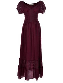 Anna-Kaci Frauen Einfarbige Elastische Smock Taille Sommer Flügelärmeln Boho Gypsy Lange Lace Spitze Oktoberfest Maxikleid Kleid, L, Burgundy von ANNA-KACI