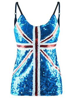 Anna-Kaci Frauen Union Jack Flagge Bingeling Pailletten Slim Verstellbare Spaghetti Strap Tank Top, S, Blau von ANNA-KACI