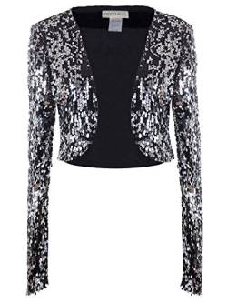 Anna-Kaci Pailletten Metallic Retro Disco Geerntetes Langarm Bolero Jacke, S, Schwarz&Silber von ANNA-KACI