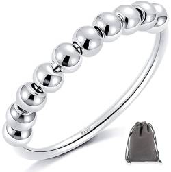 Anxiety Ring 925 Sterling Silber Angst Spinning Fidget Ringe mit Perlen Band Ring Zappelringe für Dünne Stapelbare Ringe Anti Stress Ring für Damen Herren Verlobungsringe mit Geschenkbox (8（57）) von ANNAHEART