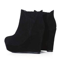 ANNIESHOE Stiefeletten Damen Chelsea Boots Elegant Gefüttert Keilabsatz Hoher Absatz Plateau Herbst Winter Schwarz Wildleder 36CN 36EU 23cm von ANNIESHOE