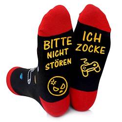 ANOTION Lustige Socken, Gaming Socken Mit Spruch Bitte Nicht StÖren Ich Zocke Neuheit Baumwollsocken Gamer Knöchel Socken Rutschfeste Haussocken Wintersocken Geschenk Für Damen Herren Lange Socken Rot von ANOTION