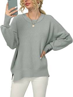 ANRABESS Damen Pullover mit Rundhalsausschnitt, Fledermausärmel, Oversized, Seitenschlitz, gerippt - Grau - Mittel von ANRABESS