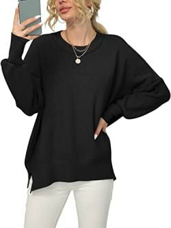 ANRABESS Damen Pullover mit Rundhalsausschnitt, Fledermausärmel, Oversized, Seitenschlitz, gerippt - Schwarz - Mittel von ANRABESS